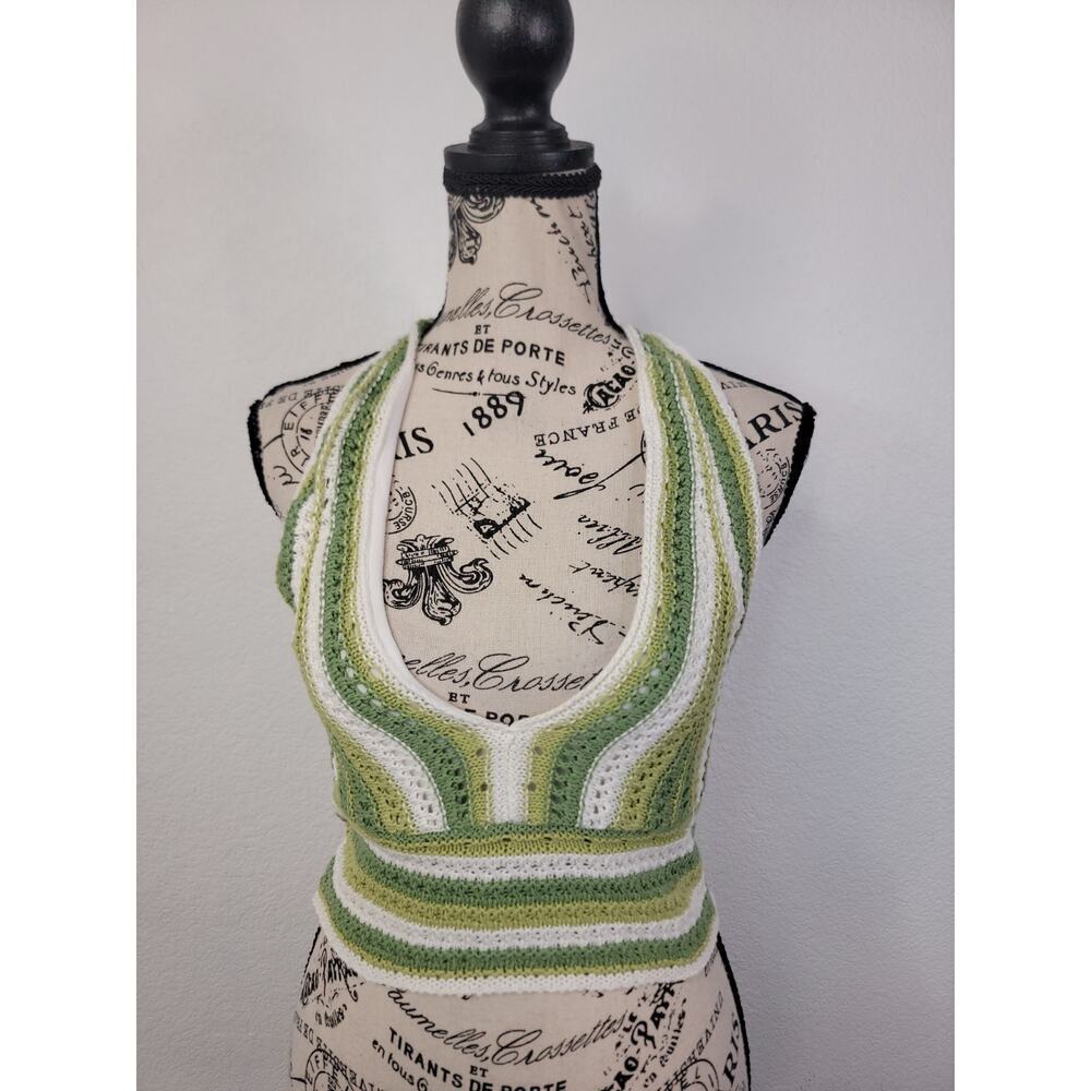 Hollister Green White Crochet Knit Halter Crop Top SZ XS Festival Boho Y2K